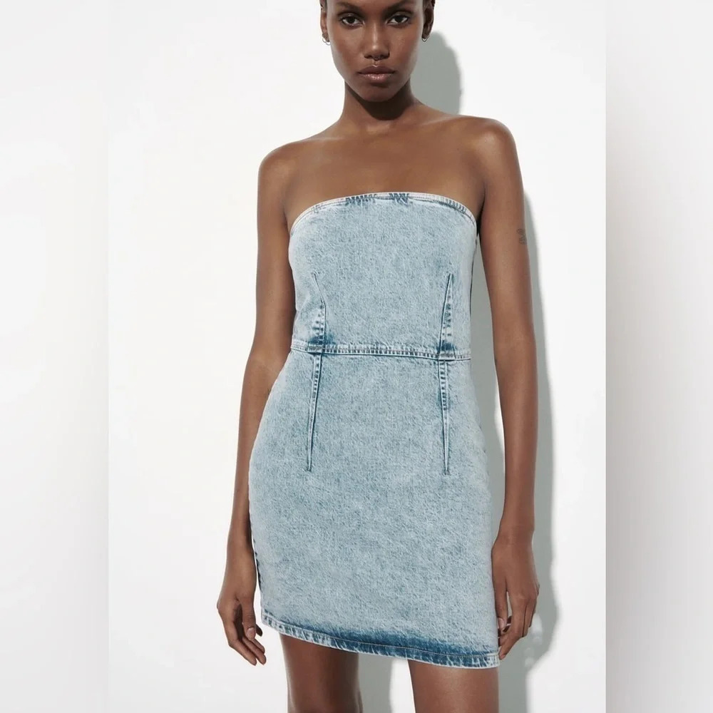 Zara Denim Strapless 1975 Mini Dress Light Washed Blue NWT Size Small
